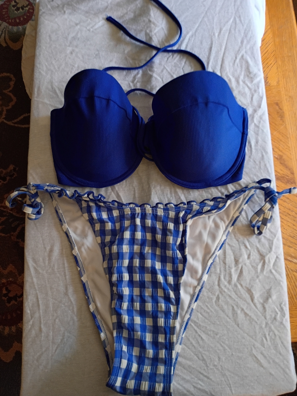 36DD Women’s Blue Bandeau Bikini Set with Gingham XL Tie-Side Bottoms